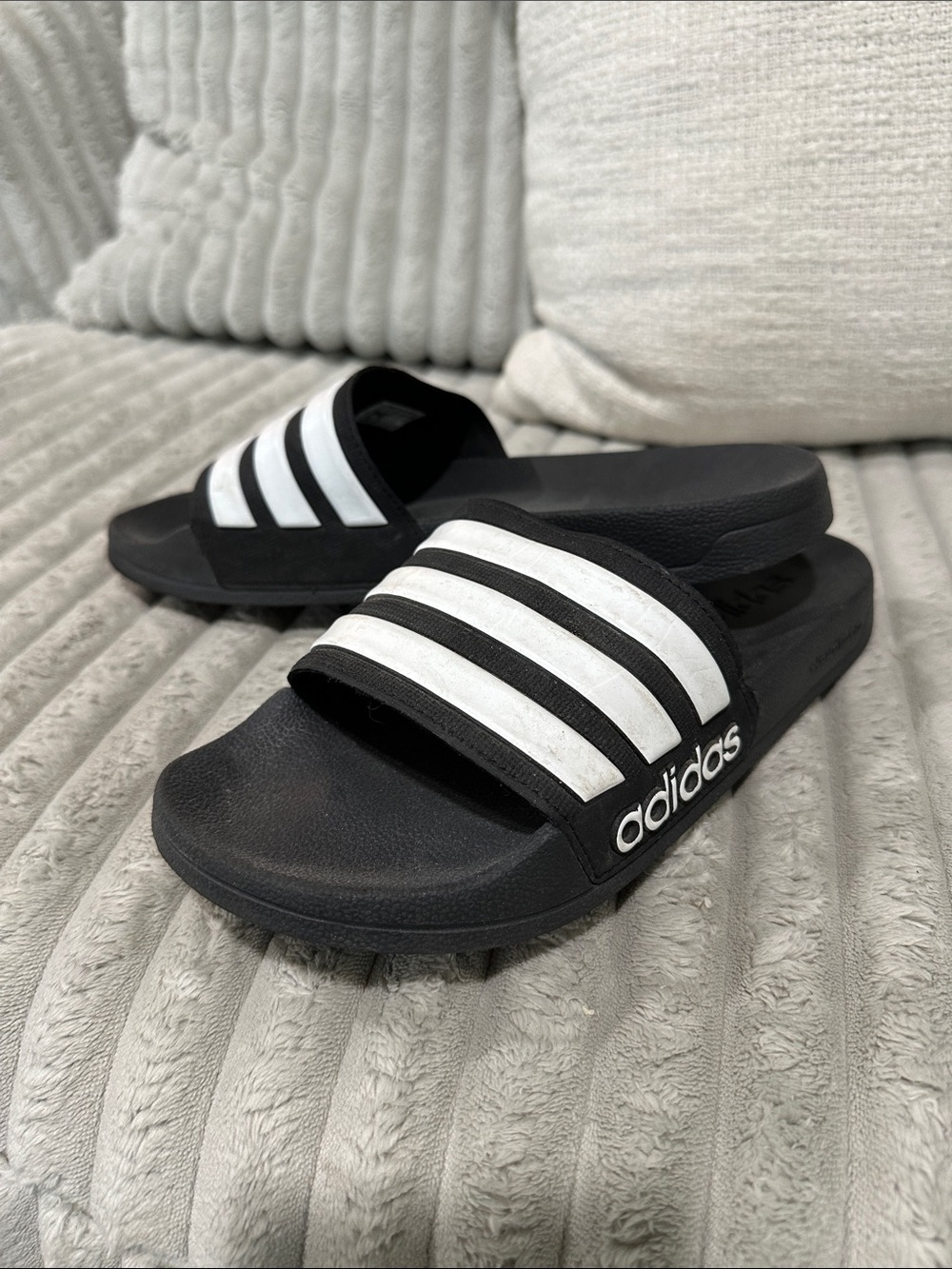 adidas Kids Black and White Slide Sandals with Three Stripes
